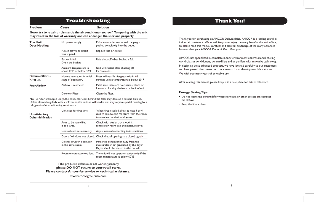 Amcor AHD-65E owner manual Troubleshooting, Thank You, Energy Saving Tips 