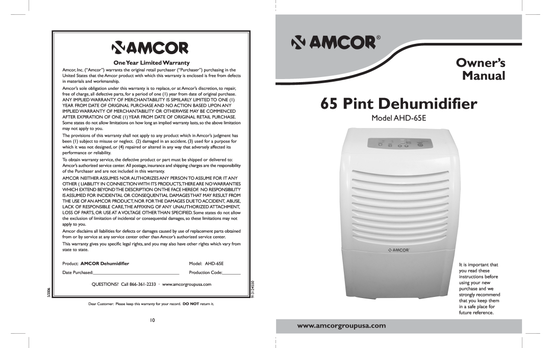 Amcor owner manual Pint Dehumidifier, Model AHD-65E, One Year Limited Warranty, Product AMCOR Dehumidifier 