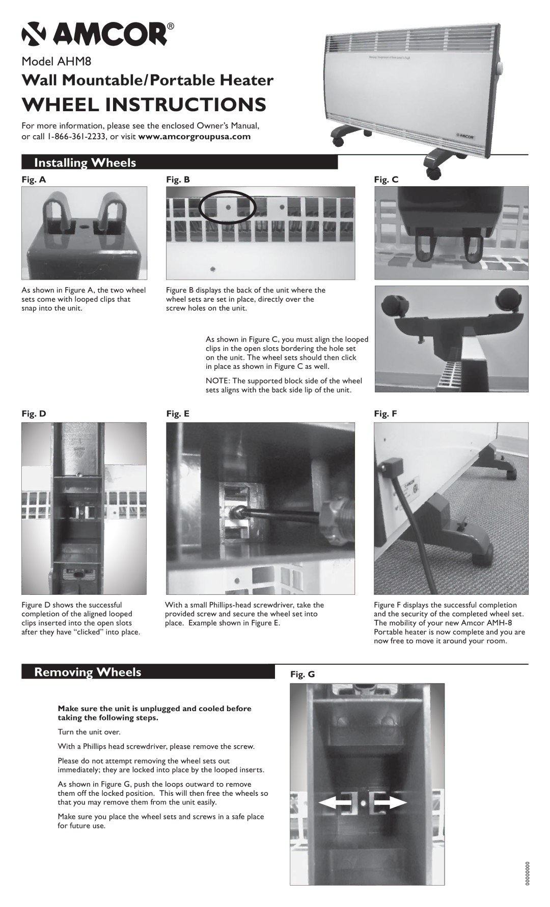 Amcor AHM8 owner manual Wheel Instructions, Installing Wheels, Removing Wheels 