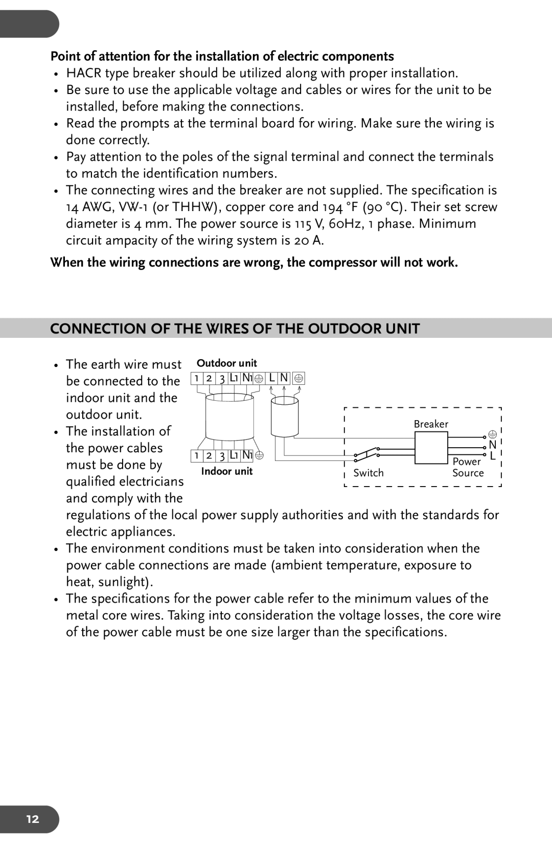 Amcor AHW 162 user manual Connection of the Wires of the Outdoor Unit 