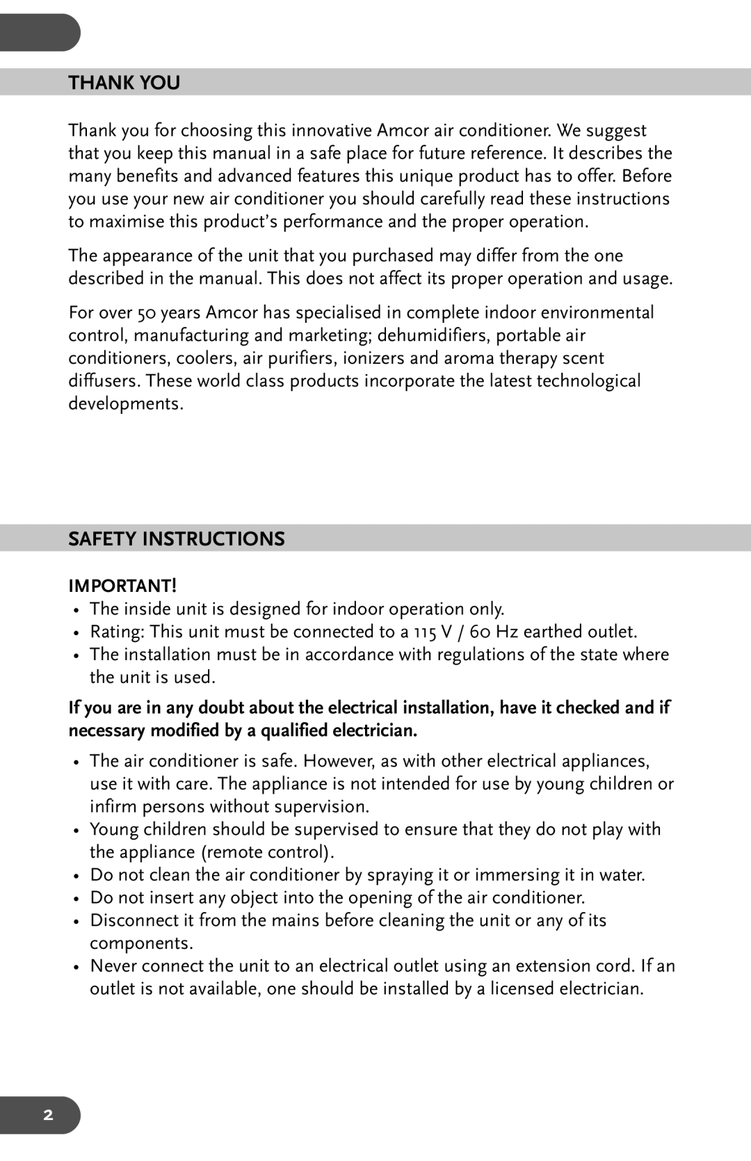 Amcor AHW 162 user manual Thank YOU, Safety Instructions 