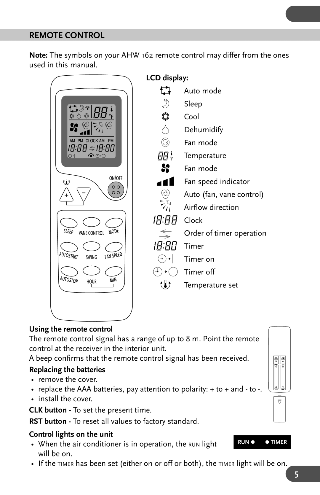 Amcor AHW 162 Remote Control, LCD display, Using the remote control, Replacing the batteries, Control lights on the unit 