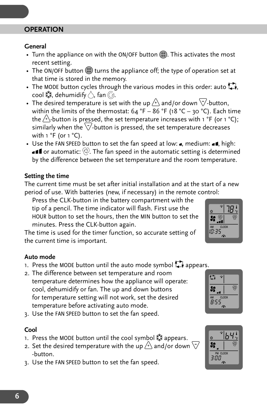 Amcor AHW 162 user manual Operation, General, Setting the time, Auto mode, Cool 