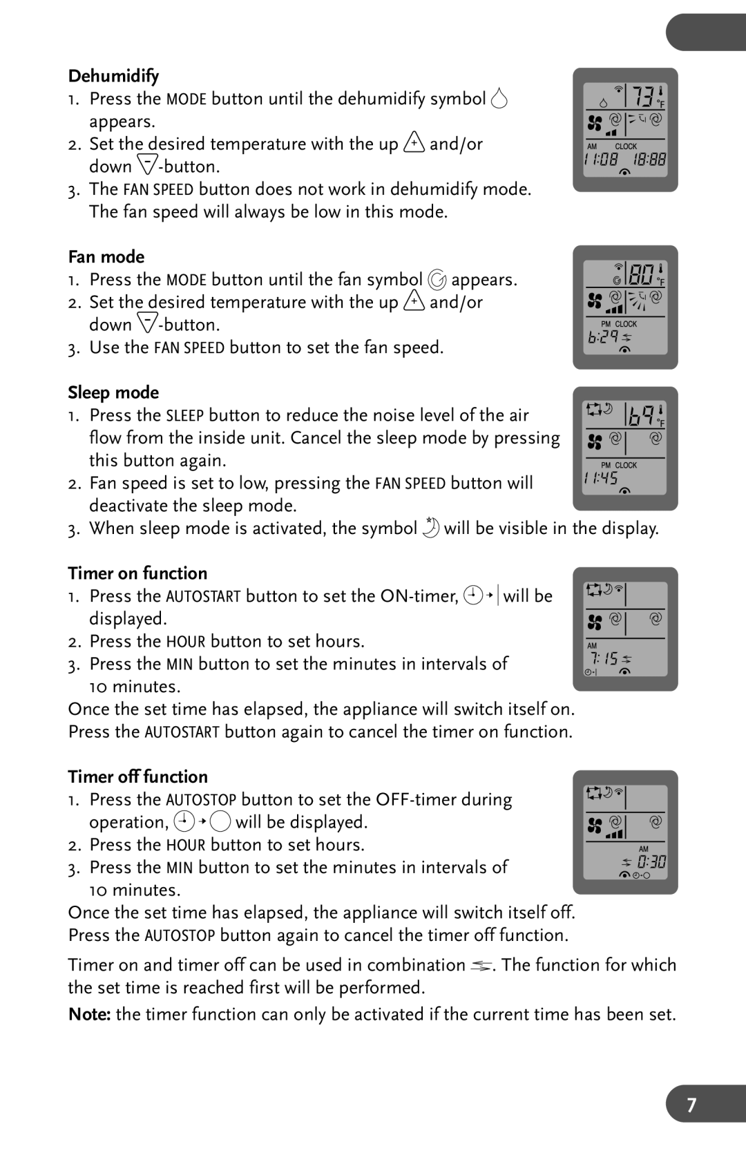 Amcor AHW 162 user manual Dehumidify, Fan mode, Sleep mode, Timer on function, Timer off function 