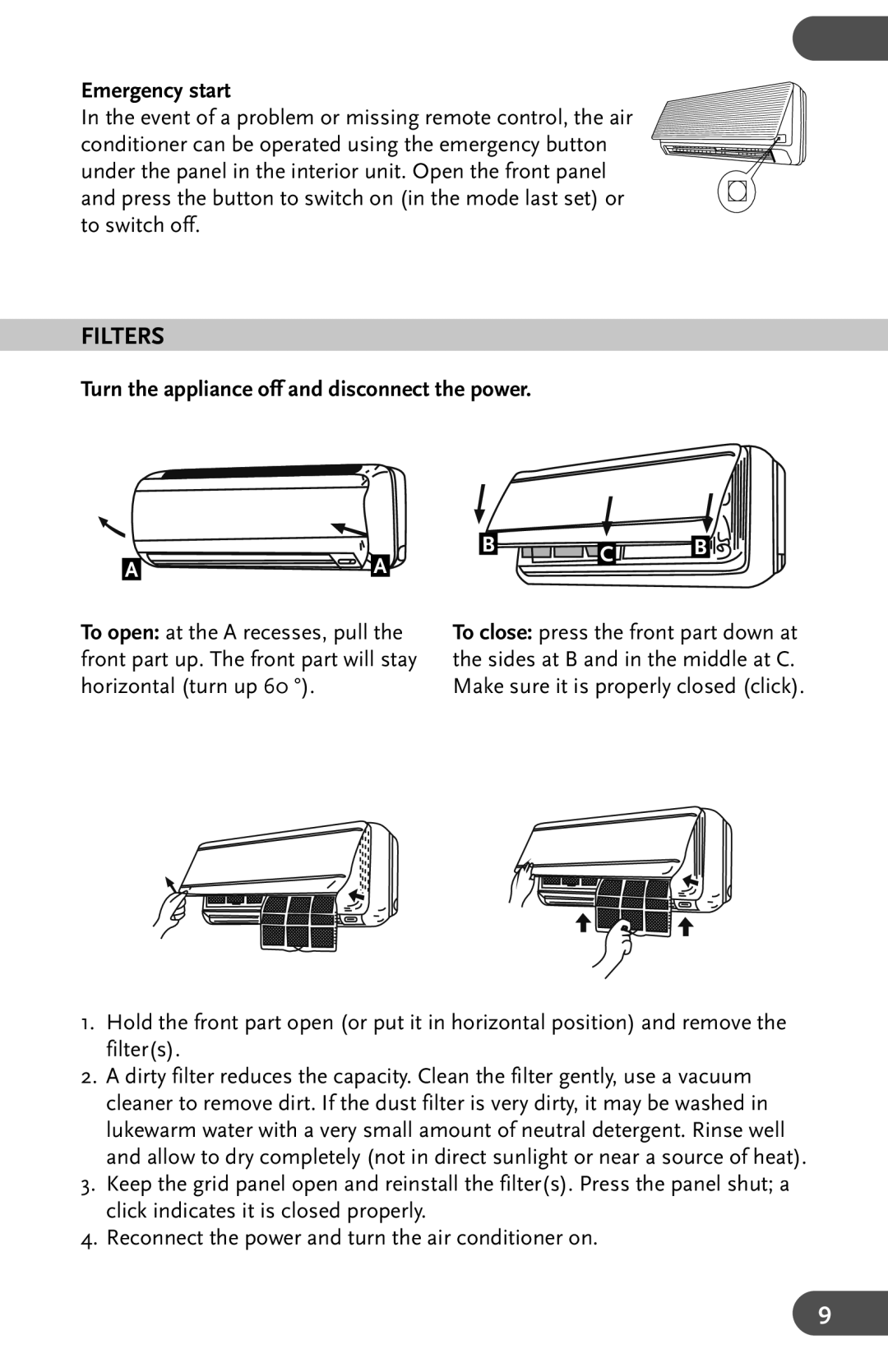 Amcor AHW 162 user manual Filters, Emergency start, Turn the appliance off and disconnect the power 