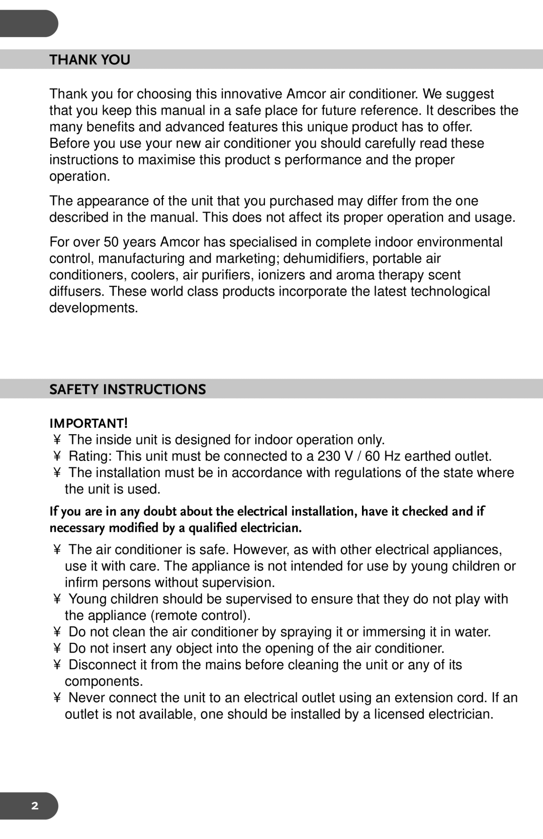 Amcor AHW 164 user manual Thank YOU, Safety Instructions 