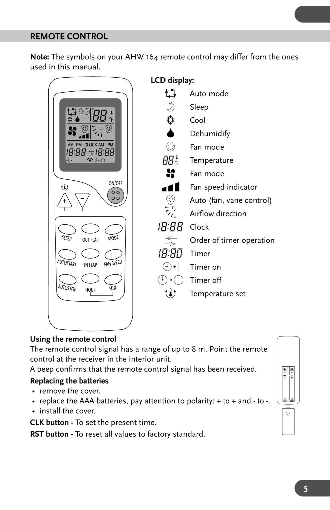 Amcor AHW 164 user manual Remote Control, LCD display, Using the remote control, Replacing the batteries 