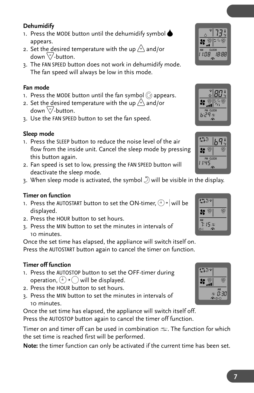 Amcor AHW 164 user manual Dehumidify, Fan mode, Sleep mode, Timer on function, Timer off function 