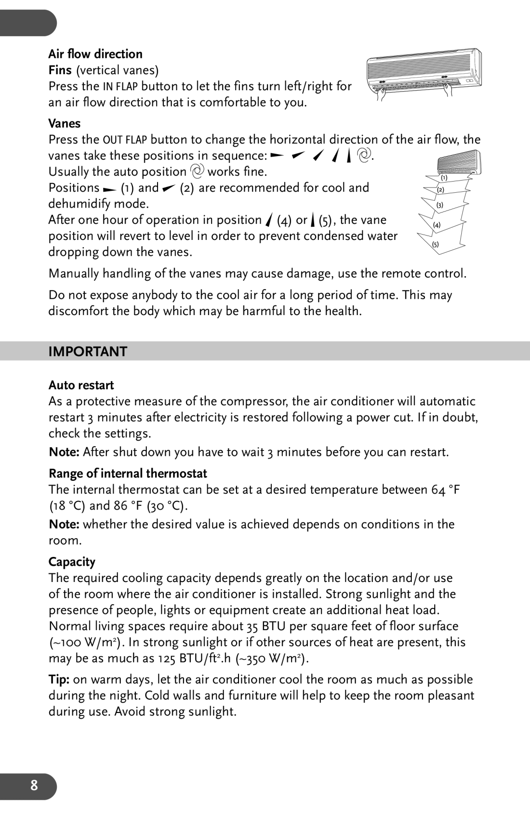 Amcor AHW 164 Air flow direction Fins vertical vanes, Vanes, Auto restart, Range of internal thermostat, Capacity 