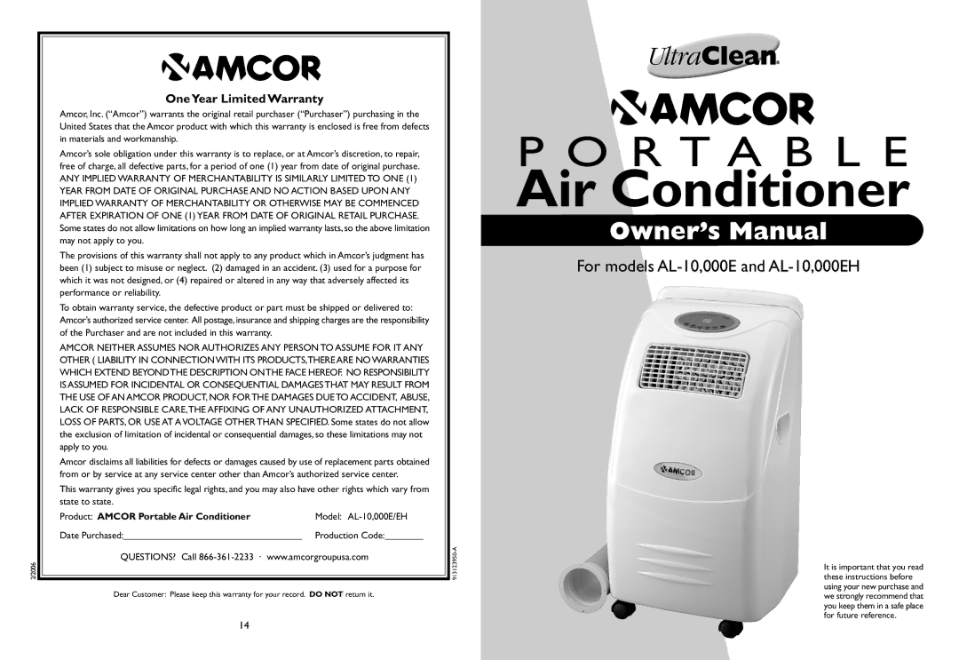 Amcor AL-10 owner manual OneYear Limited Warranty, Product Amcor Portable Air Conditioner 