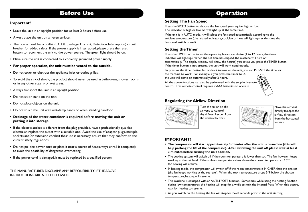 Amcor AL-10 owner manual Before Use, Setting The Fan Speed, Setting the Timer, Regulating the Airflow Direction 