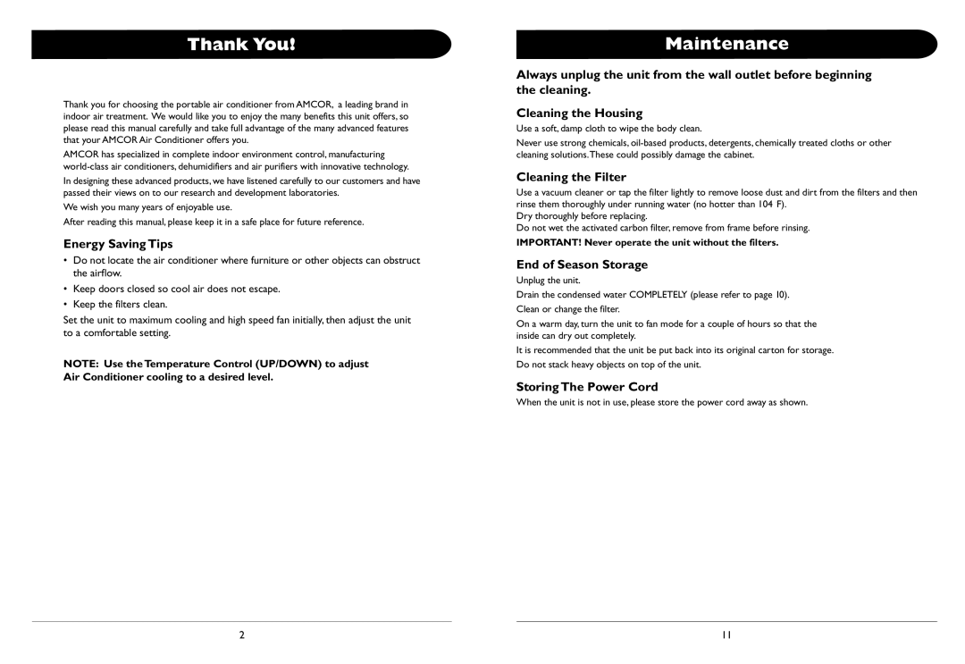 Amcor AL-10 owner manual Thank You, Maintenance, Energy Saving Tips, End of Season Storage, Storing The Power Cord 