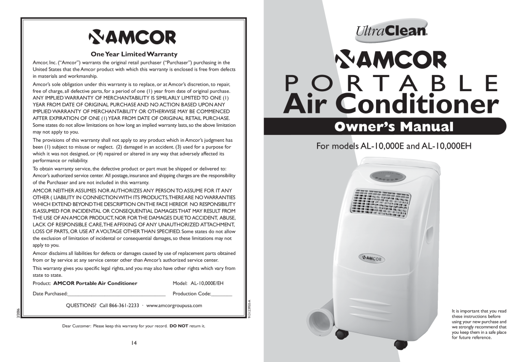 Amcor owner manual OneYear Limited Warranty, Air Conditioner, P O R T A B L E, For models AL-10,000Eand AL-10,000EH 