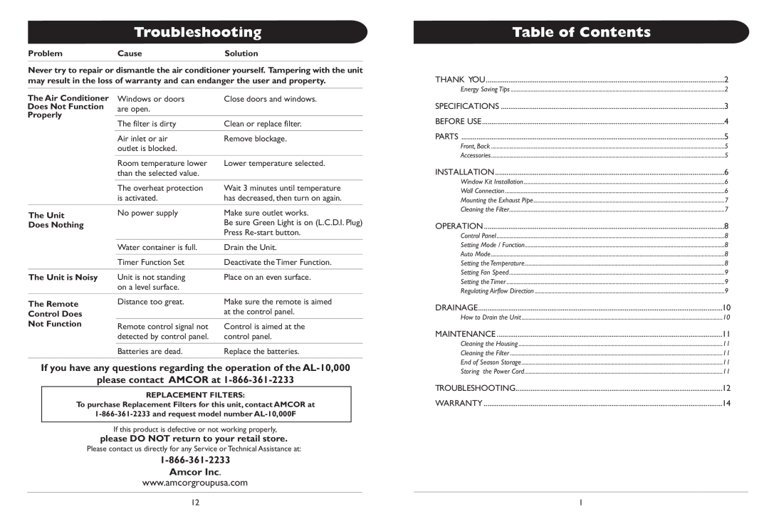 Amcor AL-10 owner manual Troubleshooting, Table of Contents, please contact AMCOR at, Amcor Inc 