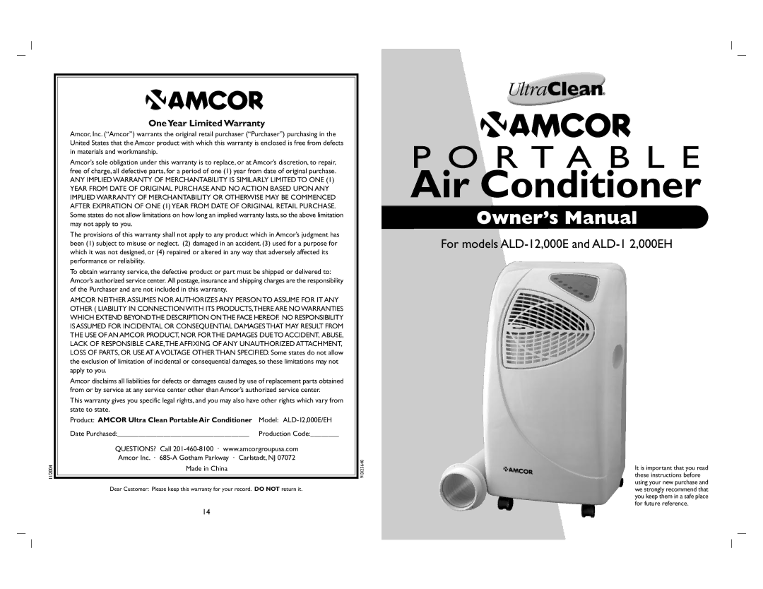 Amcor ALD-1 2, ALD-12 owner manual One Year Limited Warranty, Product Amcor Ultra Clean Portable Air Conditioner 