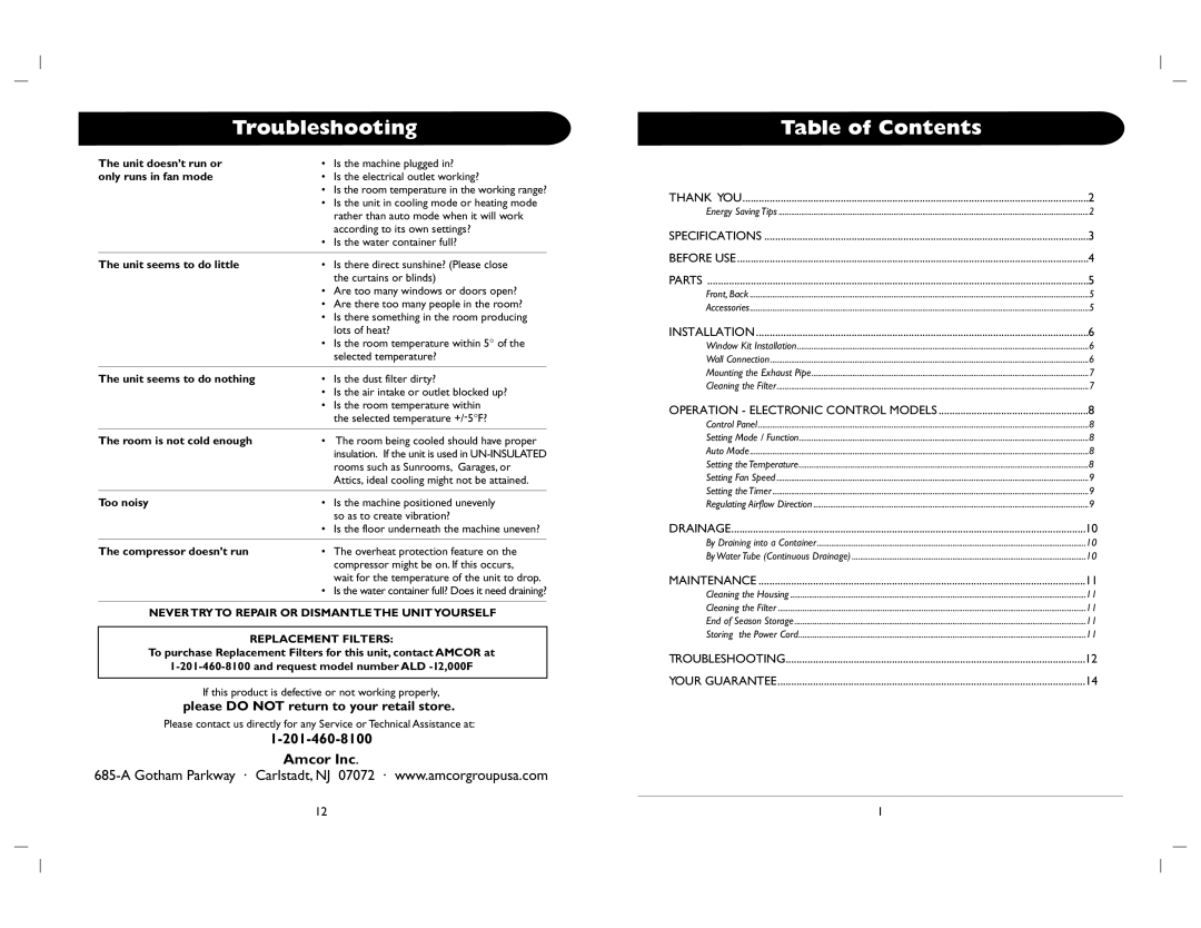 Amcor ALD-12, ALD-1 2 owner manual Troubleshooting, Table of Contents 