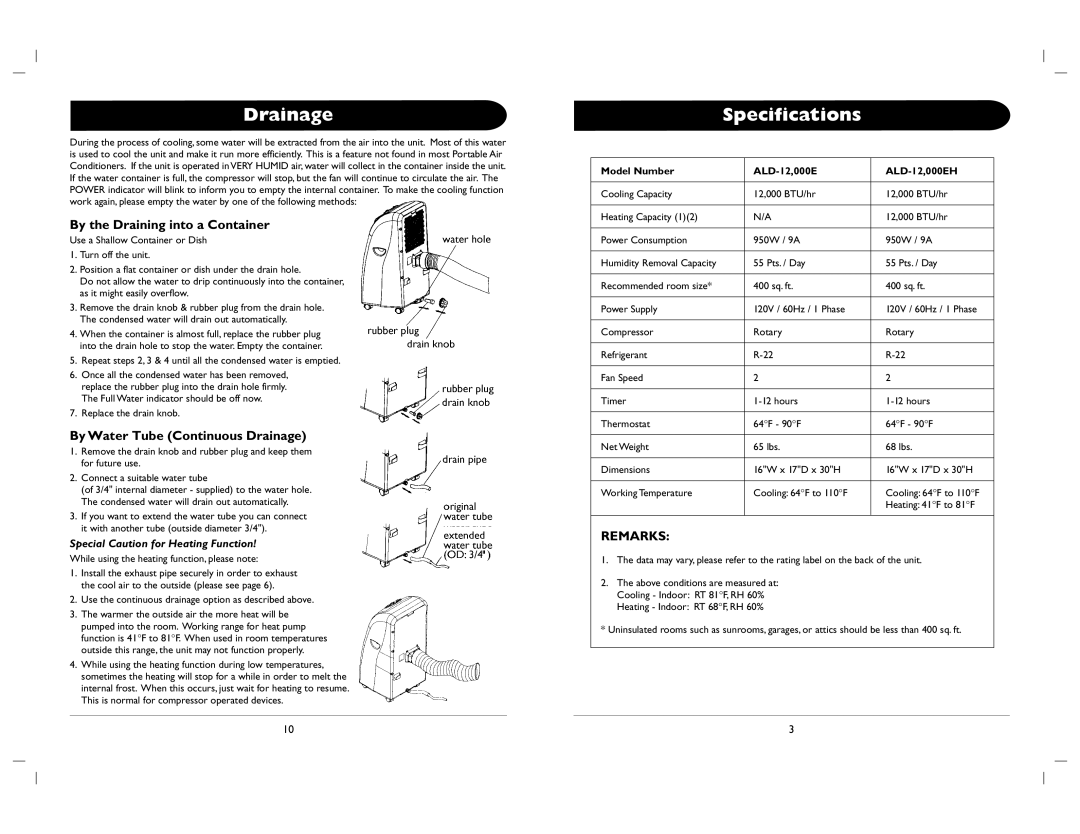 Amcor ALD-1 2, ALD-12 owner manual Specifications, By the Draining into a Container, By Water Tube Continuous Drainage 