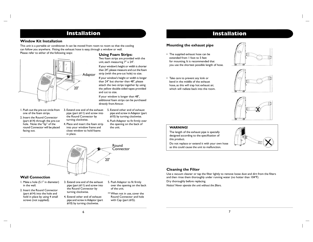 Amcor ALD-1 2, ALD-12 Window Kit Installation, Mounting the exhaust pipe, Cleaning the Filter Wall Connection 