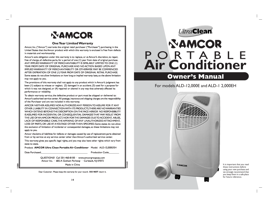 Amcor ALD-1 2, ALD-12 owner manual One Year Limited Warranty, Air Conditioner, P O R T A B L E 