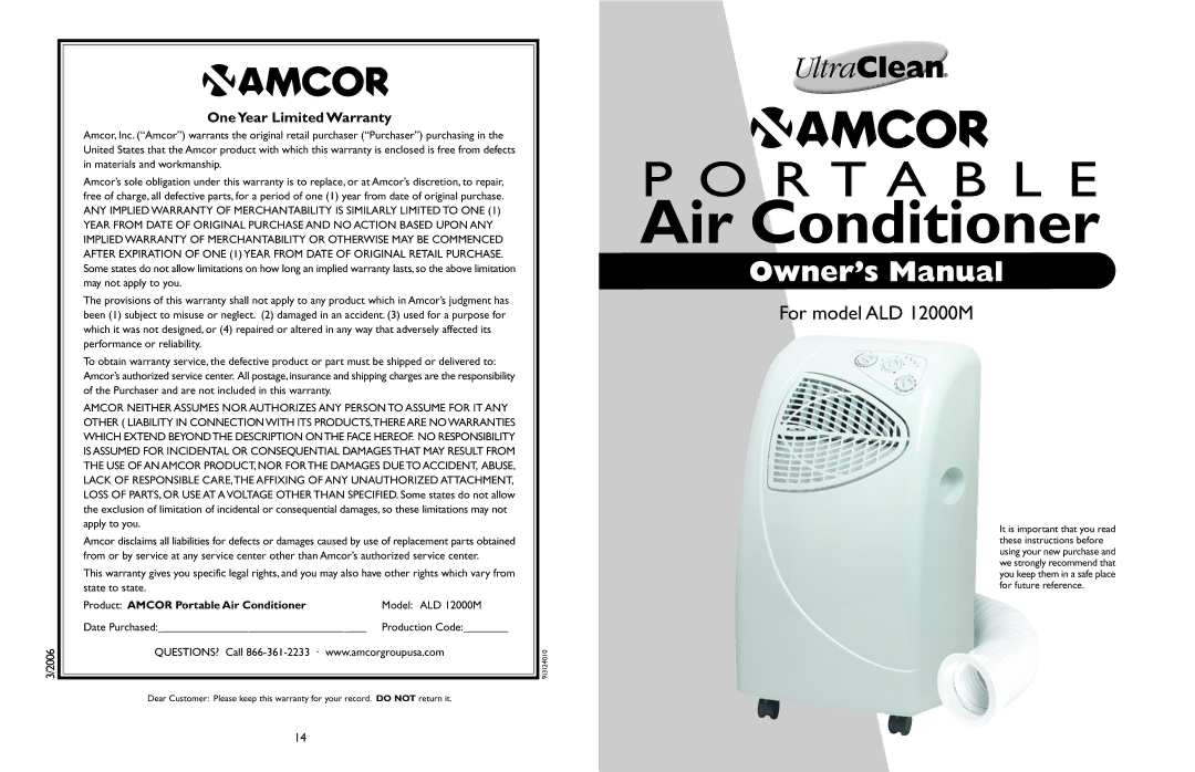 Amcor owner manual OneYear Limited Warranty, Product Amcor Portable Air ConditionerModel ALD 12000M 