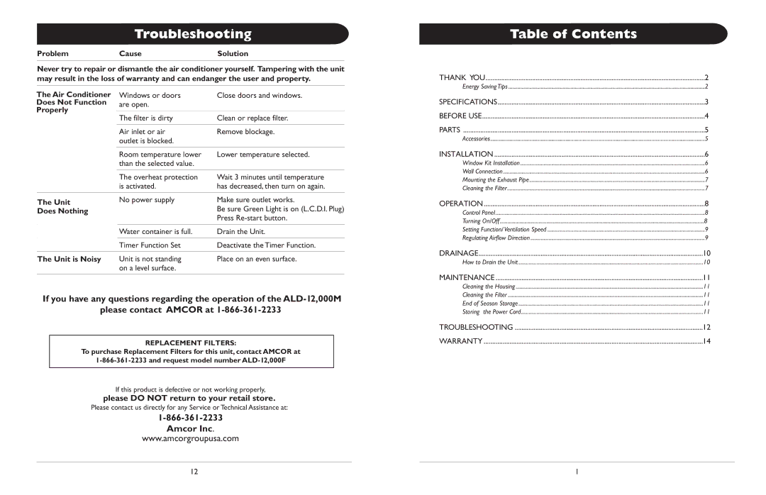 Amcor ALD 12000M owner manual Troubleshooting, Table of Contents 