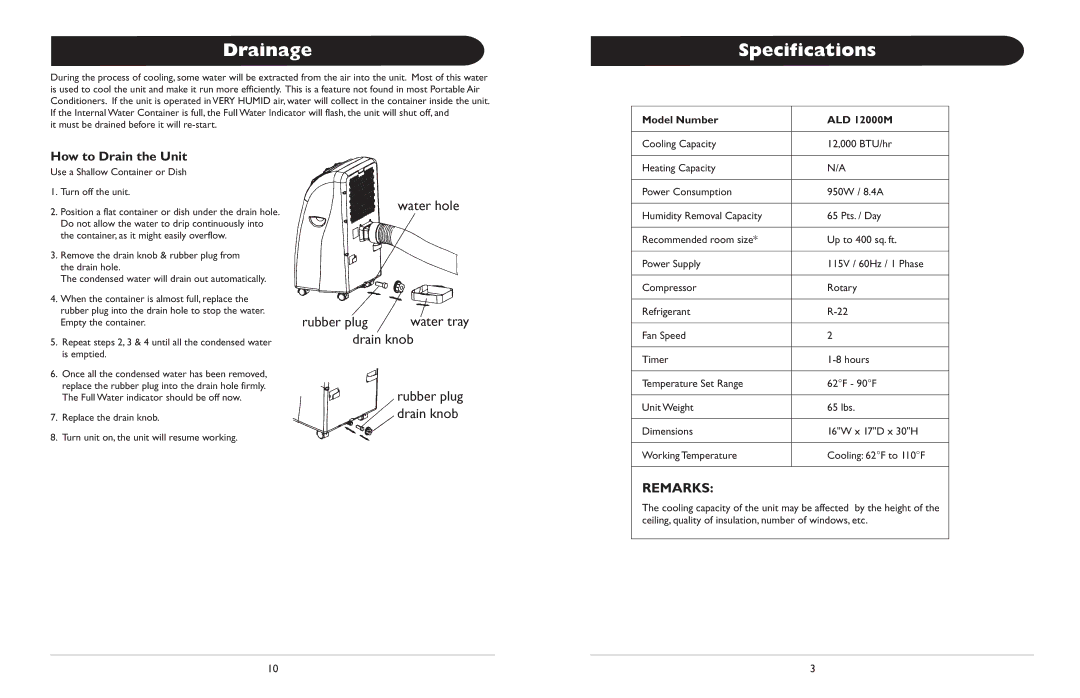 Amcor ALD 12000M owner manual Drainage, Specifications, How to Drain the Unit 