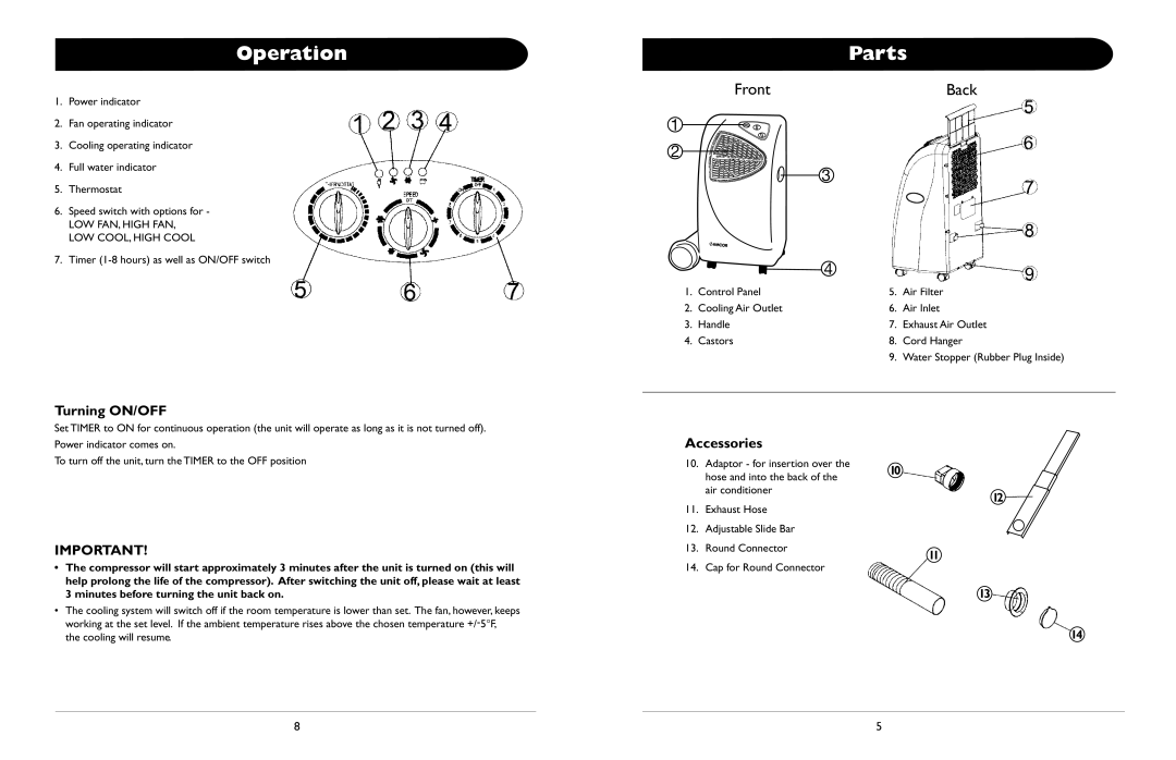 Amcor ALD 12000M owner manual Operation, Parts, Turning ON/OFF, Accessories 