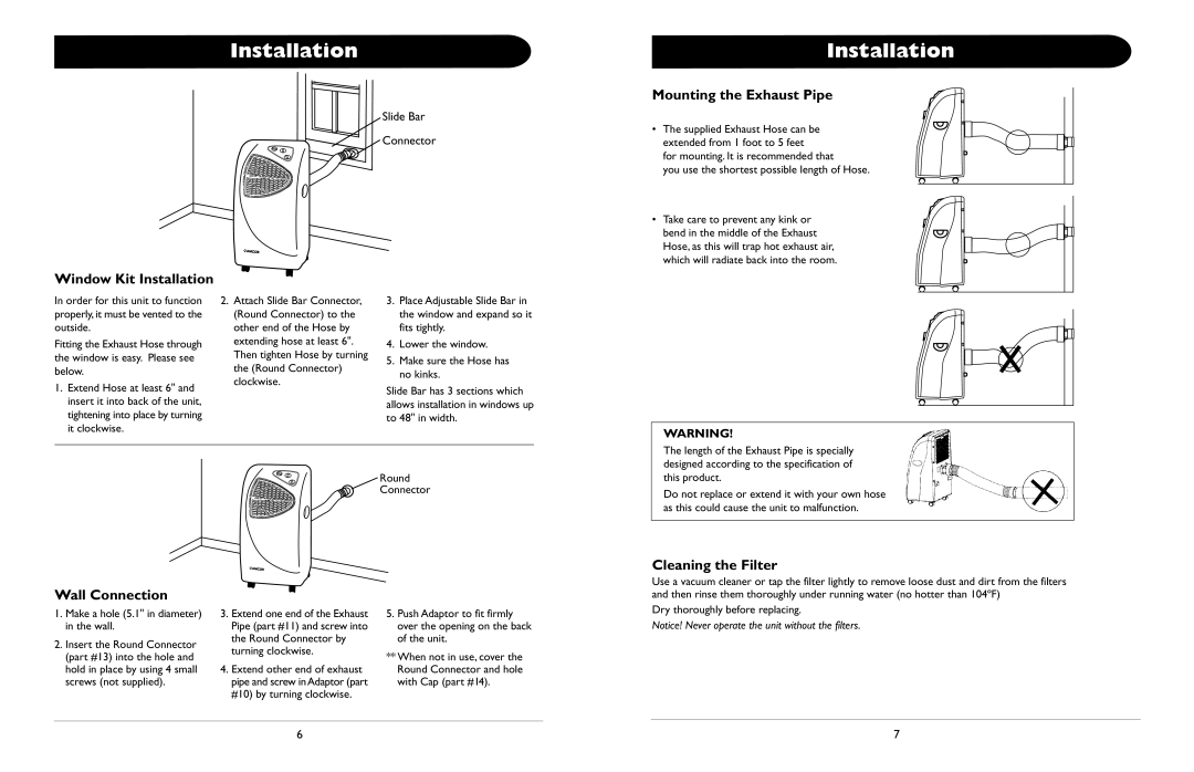 Amcor ALD 12000M owner manual Mounting the Exhaust Pipe, Window Kit Installation, Cleaning the Filter Wall Connection 