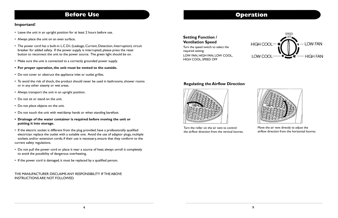 Amcor ALD 12000M owner manual Before Use, Setting Function Ventilation Speed, Regulating the Airflow Direction 