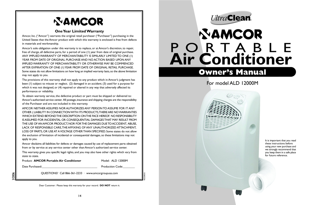 Amcor ALD 12000M owner manual OneYear Limited Warranty, Air Conditioner, P O R T A B L E, Owner’s Manual 