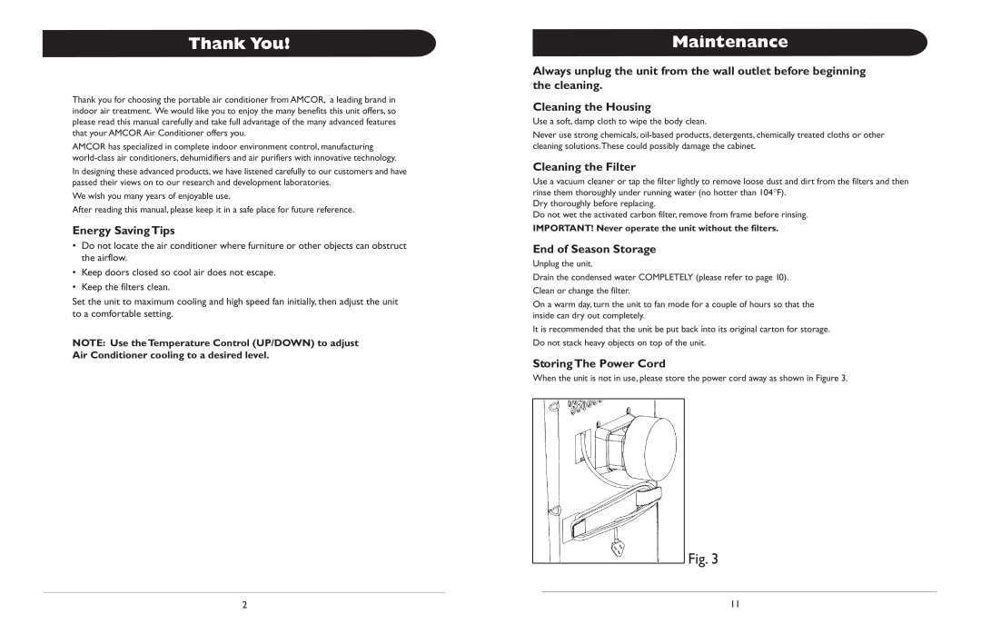 Amcor ALD 12000M owner manual Thank You, Maintenance, Energy Saving Tips, Cleaning the Housing, End of Season Storage 