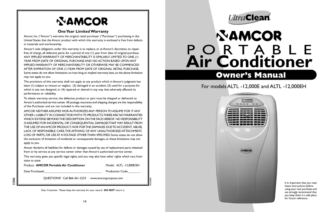 Amcor ALTL -12 owner manual OneYear Limited Warranty, Product Amcor Portable Air Conditioner 