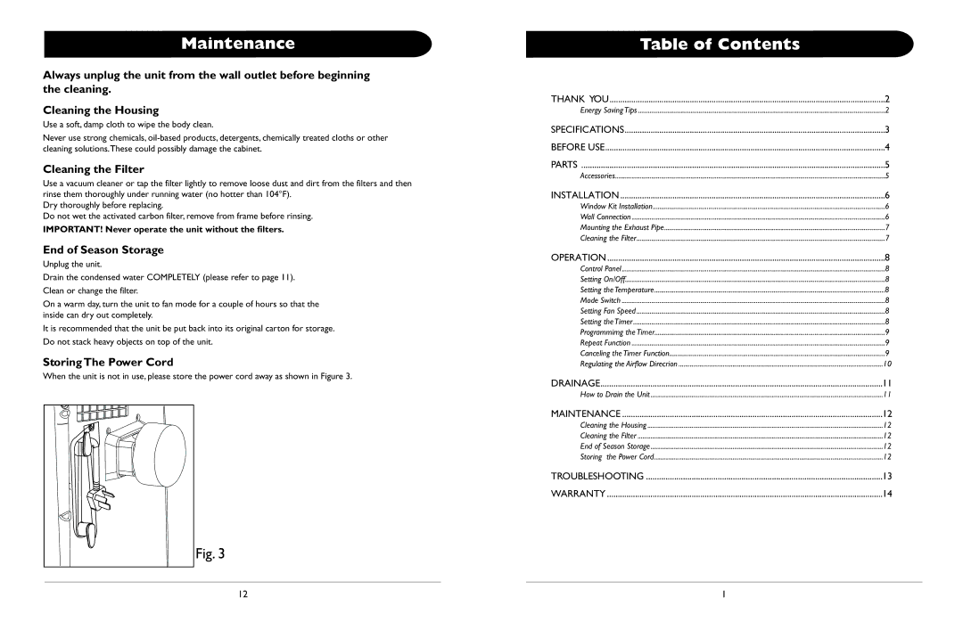 Amcor ALTL -12 owner manual Maintenance, Table of Contents 