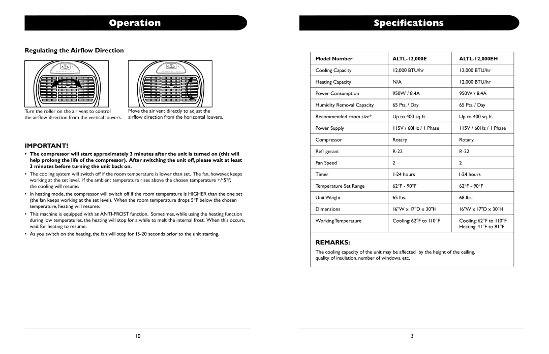 Amcor ALTL -12 Operation, Specifications, Regulating the Airflow Direction, Model Number ALTL-12,000E ALTL-12,000EH 