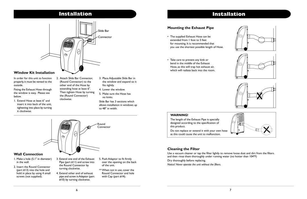 Amcor ALTL -12 owner manual Window Kit Installation, Mounting the Exhaust Pipe, Wall Connection 