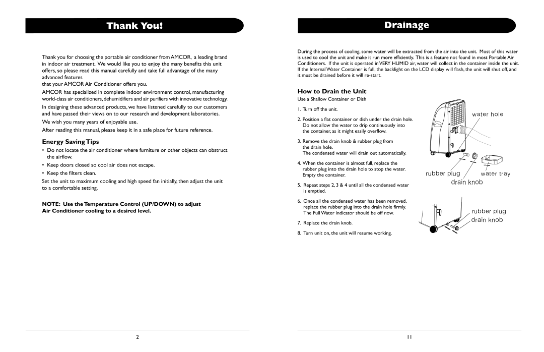 Amcor ALTL -12 owner manual Thank You, Drainage, Energy Saving Tips, How to Drain the Unit 