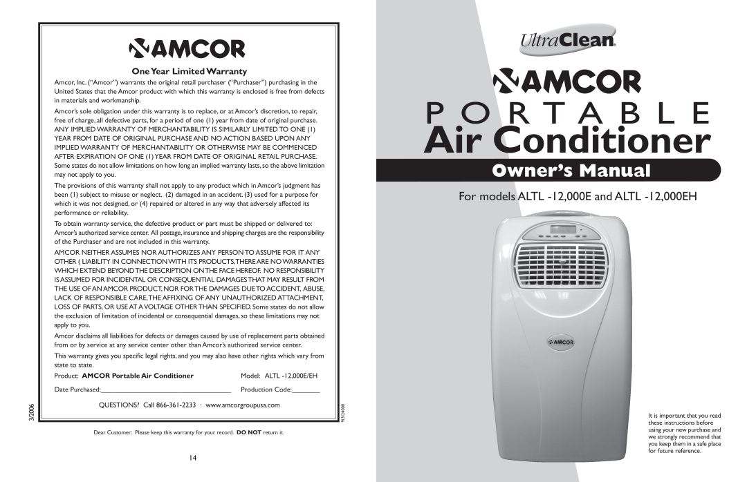 Amcor ALTL -12 owner manual OneYear Limited Warranty, Air Conditioner, P O R T A B L E 