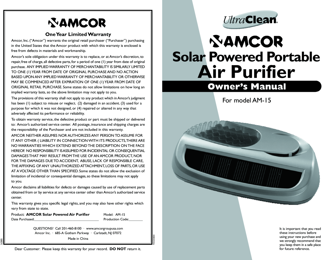 Amcor owner manual Air Purifier, Solar Powered Portable, For model AM-15, OneYear Limited Warranty 