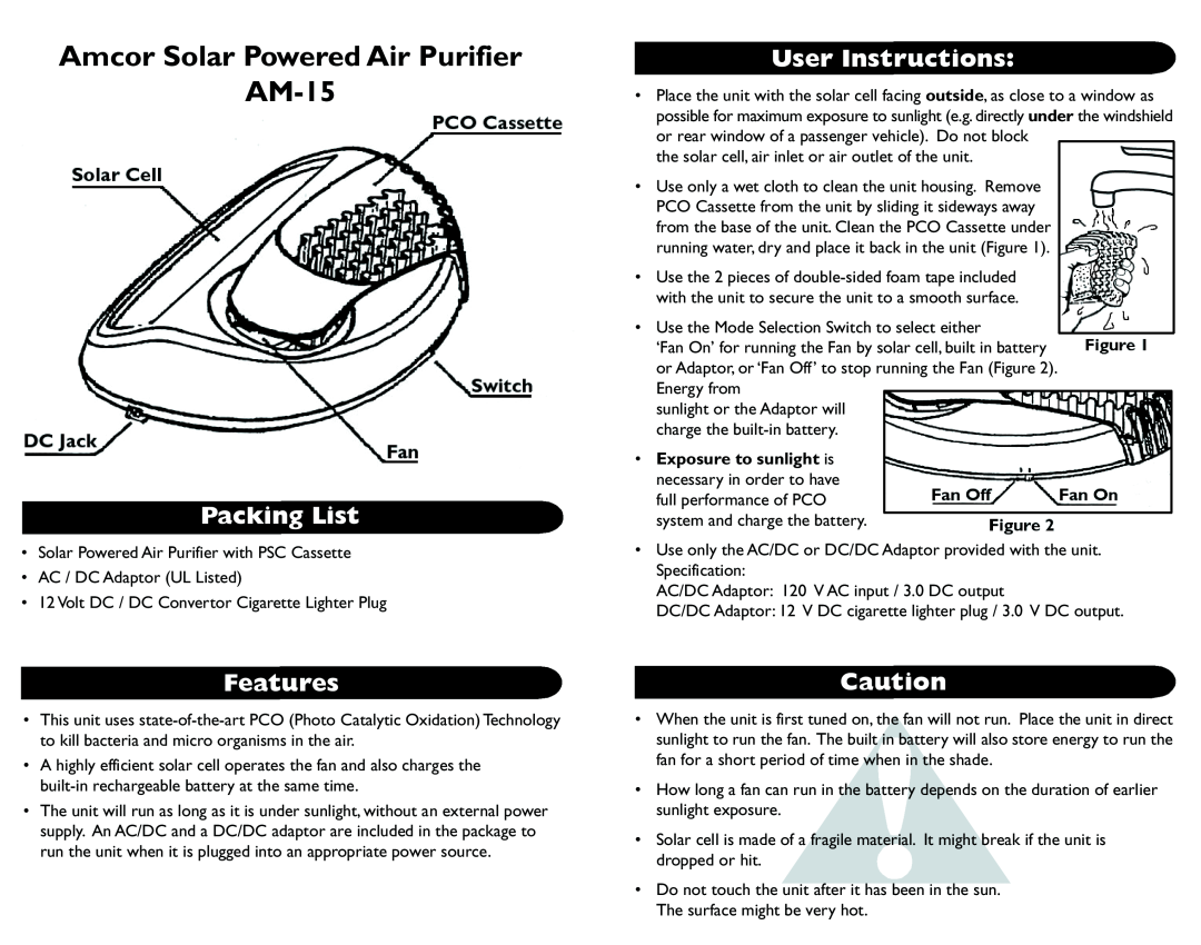 Amcor owner manual Amcor Solar Powered Air Purifier AM-15, Packing List, User Instructions, Features 