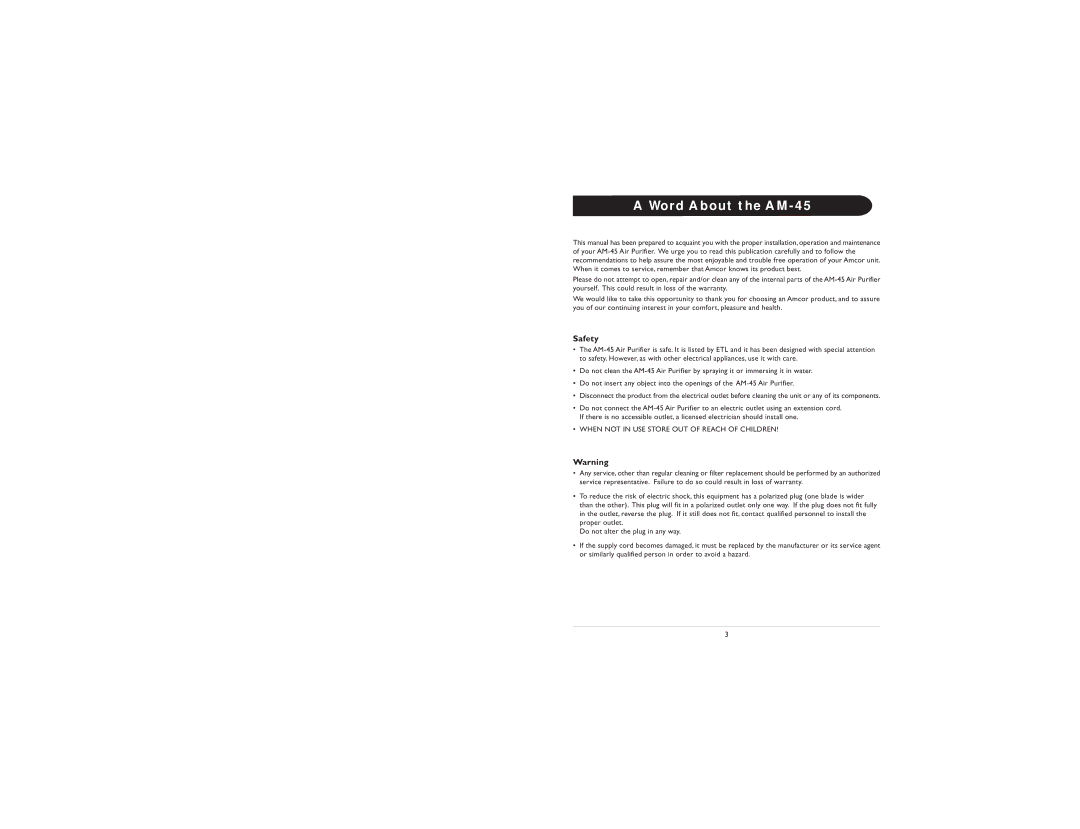 Amcor owner manual Word About the AM-45, Safety 