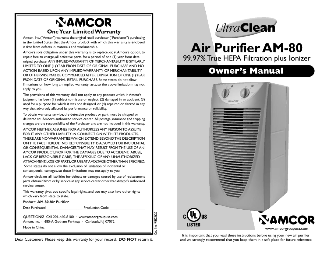 Amcor AM-80 owner manual Air 