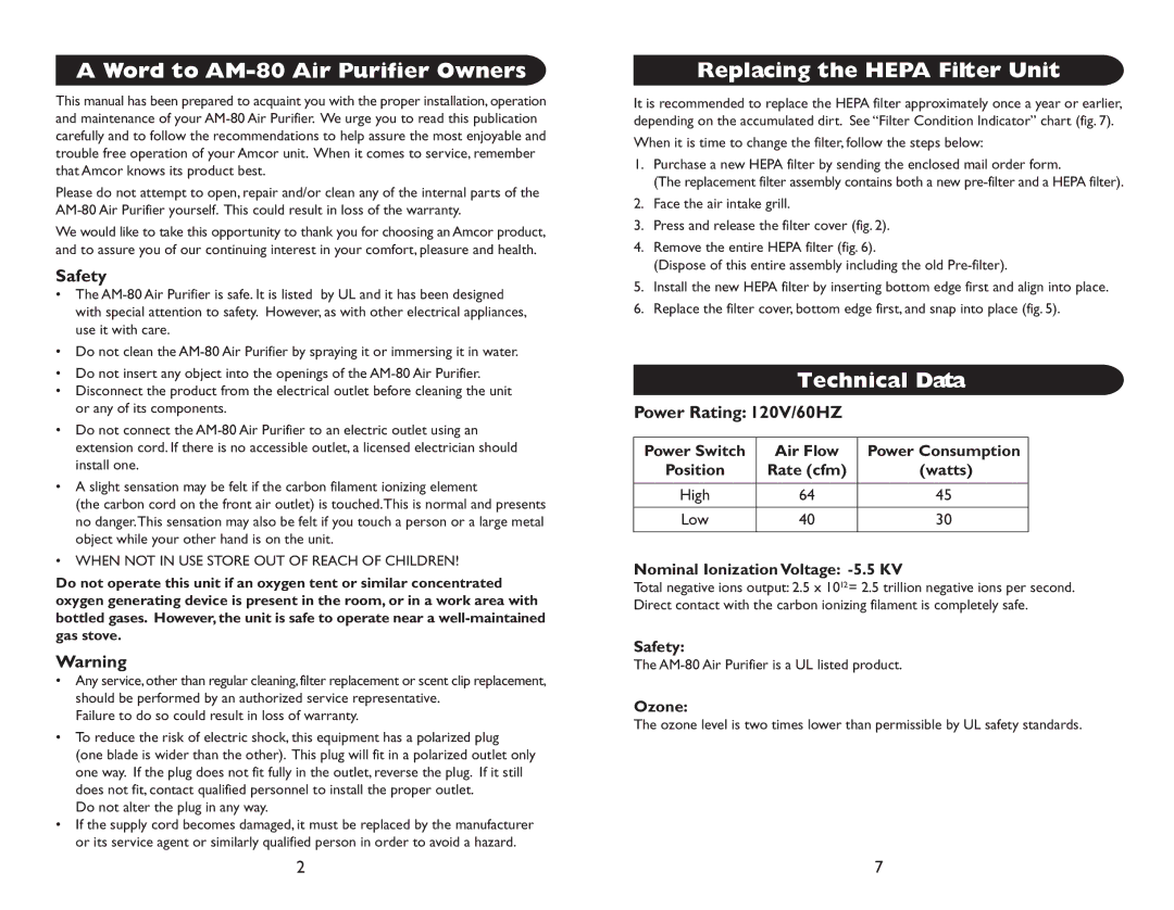 Amcor owner manual Word to AM-80 Air Purifier Owners, Replacing the Hepa Filter Unit, Technical Data 