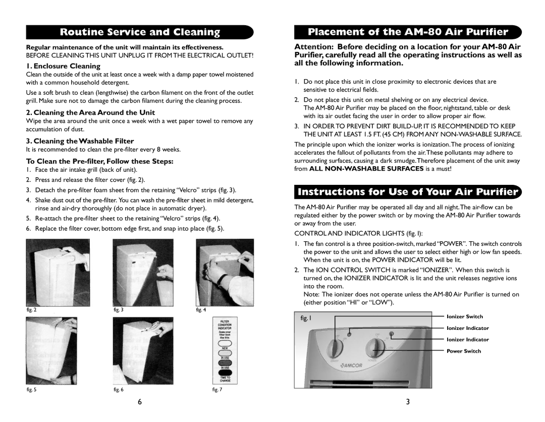 Amcor Routine Service and Cleaning, Placement of the AM-80 Air Purifier, Instructions for Use of Your Air Purifier 