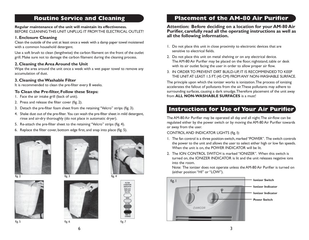Amcor Routine Service and Cleaning, Placement of the AM-80Air Purifier, Instructions for Use of Your Air Purifier 