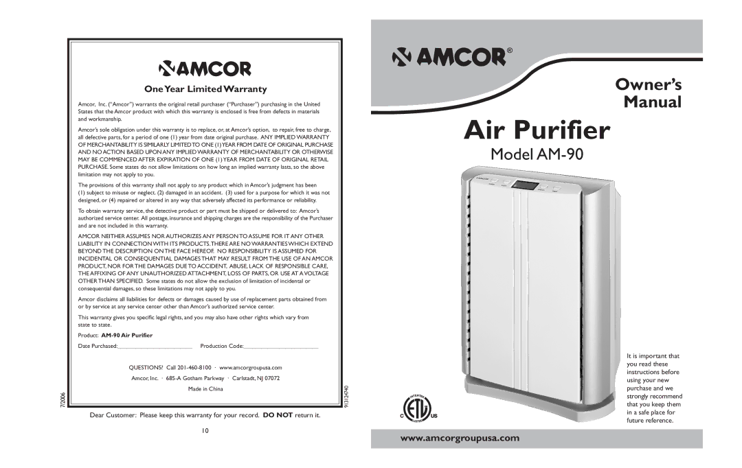 Amcor AM-90 IB owner manual Air Purifier 