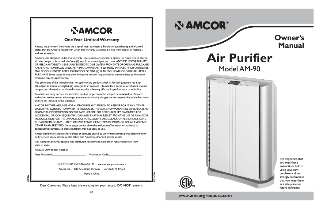 Amcor AM-90 IB owner manual Model AM-90, One Year Limited Warranty, Product AM-90Air Purifier 