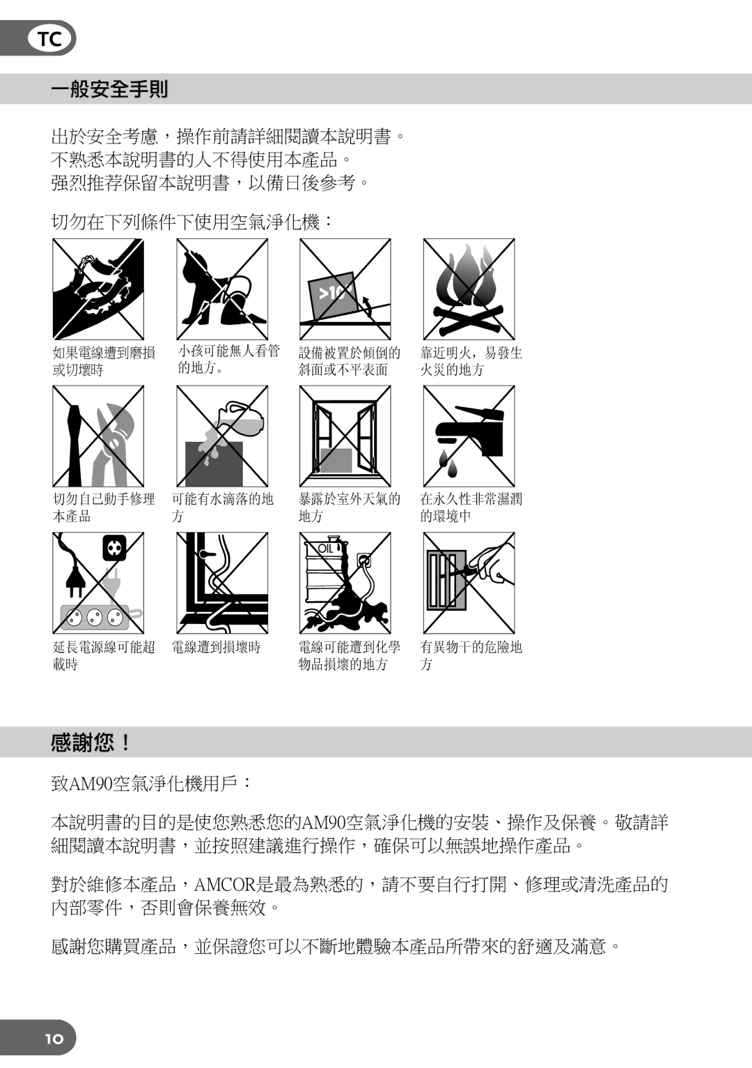 Amcor AM90 instruction manual 感謝您！, 一般安全手則 