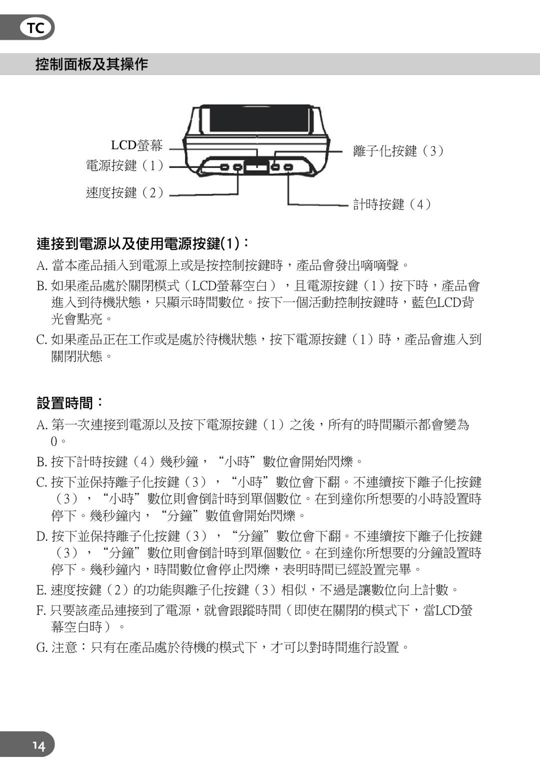 Amcor AM90 instruction manual 控制面板及其操作, 連接到電源以及使用電源按鍵1：, 設置時間： 