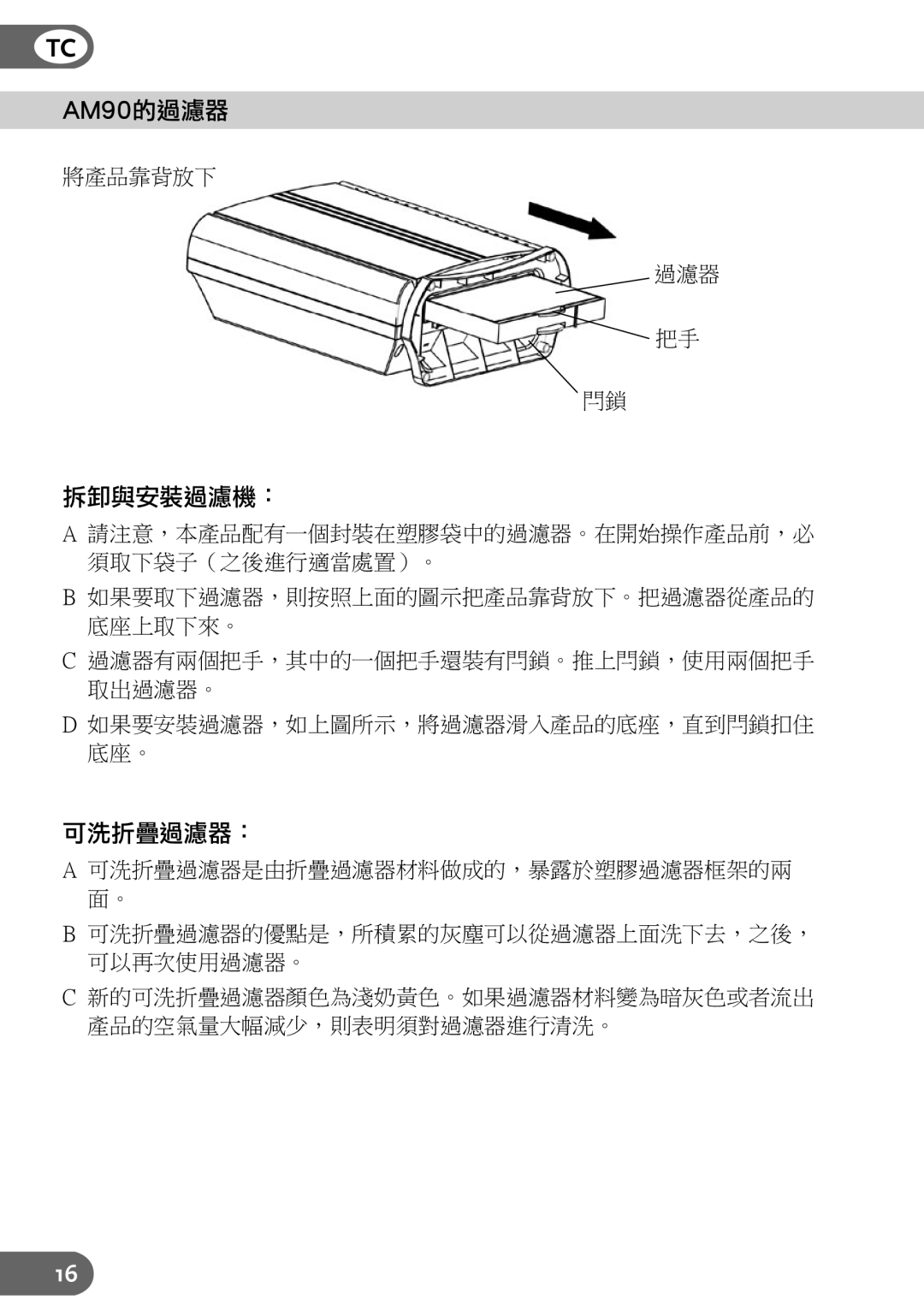 Amcor AM90 instruction manual 拆卸與安裝過濾機：, 可洗折疊過濾器： 