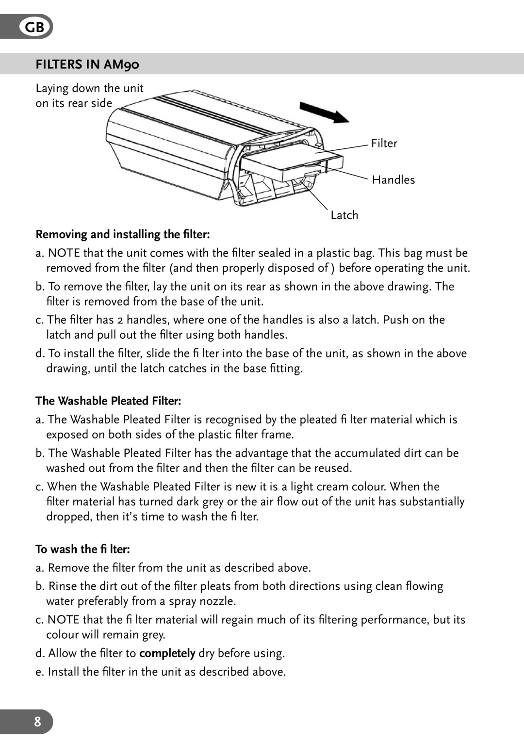 Amcor instruction manual Filters in AM90, Removing and installing the ﬁlter, Washable Pleated Filter, To wash the ﬁ lter 